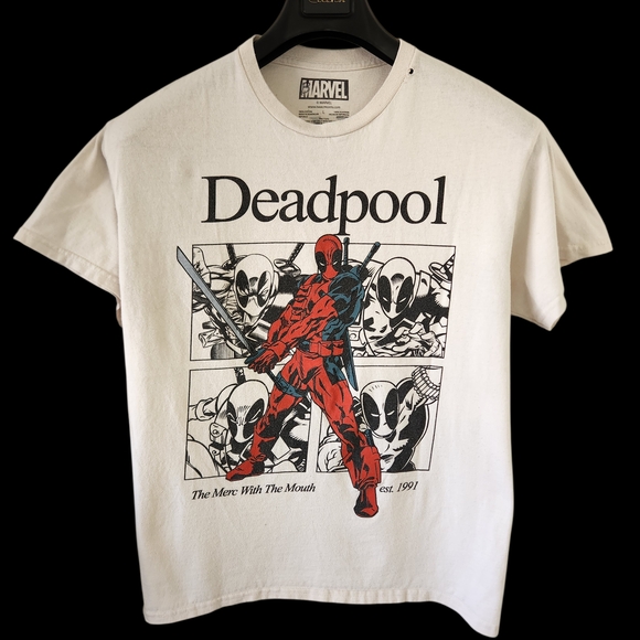 Marvel Other - Marvel Deadpool Graphic Tee in Cream and Black "The Merc With The Mouth"